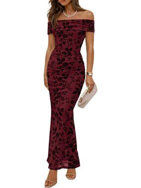 Women's Burgundy Polyester And Elastane Off Shoulder Floral Bodycon Maxi Dress